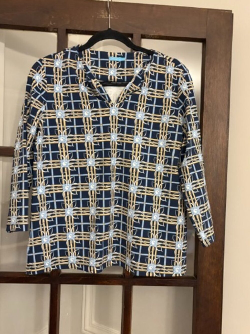J.McLaughlin Navy Blue Patterned Blouse, Size Large